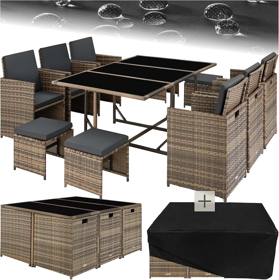 etezen - salon de jardin poly rotin 10 pers., housse, entretien facile