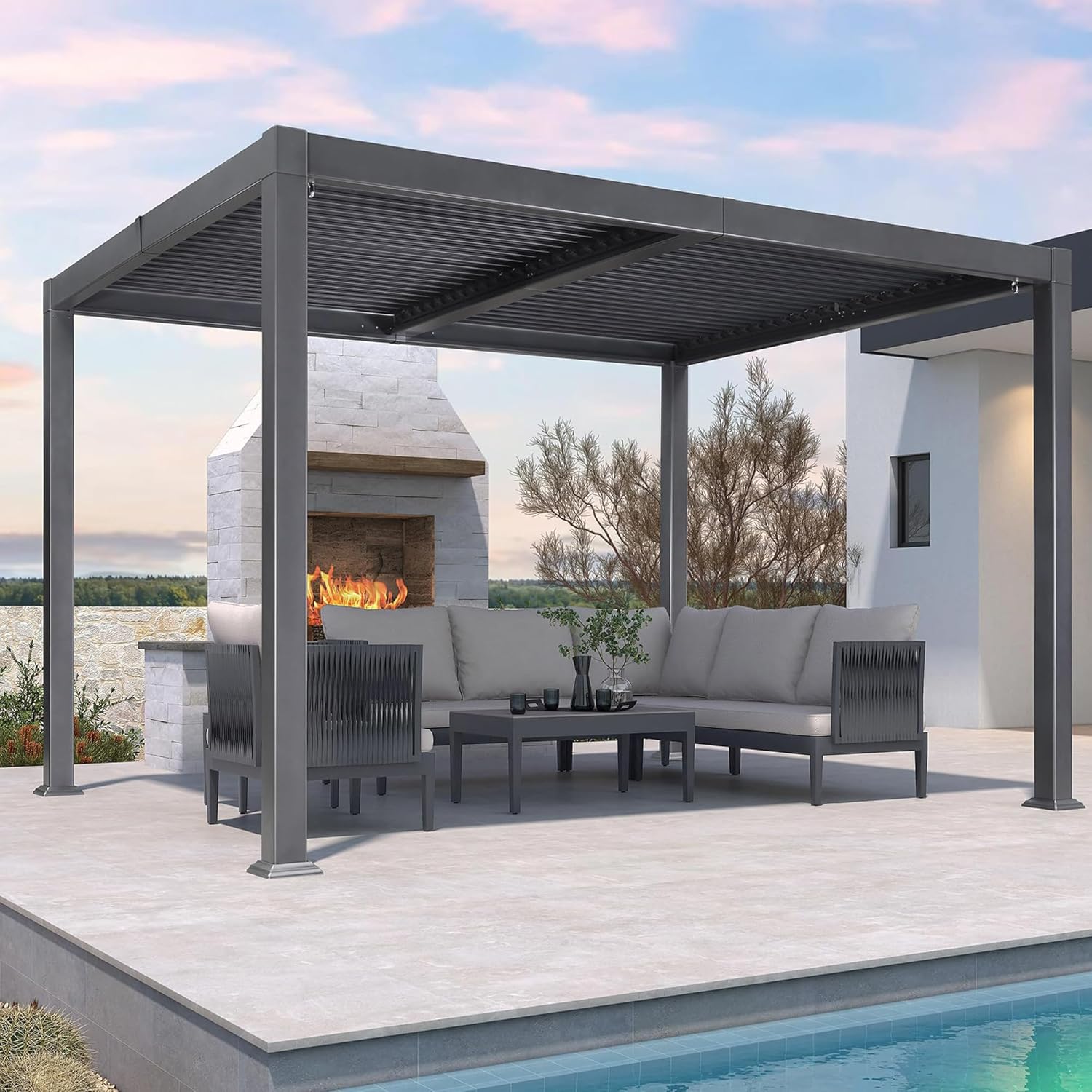 etezen - pergola bioclimatique - 3x3,65m - aluminium, lames orientables, gris
