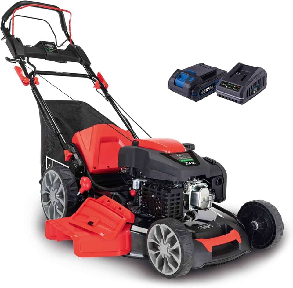 etezen Tondeuse à Gazon Hybride MS225-56E – Tondeuse à Essence – Moteur à Essence 4 Temps de 6 CV / 4,4 KW – 224 cm³ – Largeur de Coupe 56 cm – Démarrage électrique – Batterie + Chargeur Inclus