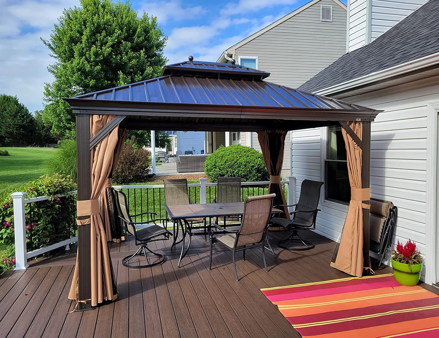 etezen - Tonnelle de Jardin 4,25x3m - Acier galvanisé, moustiquaire, rideaux, gouttière, poteaux renforcés, bronze 