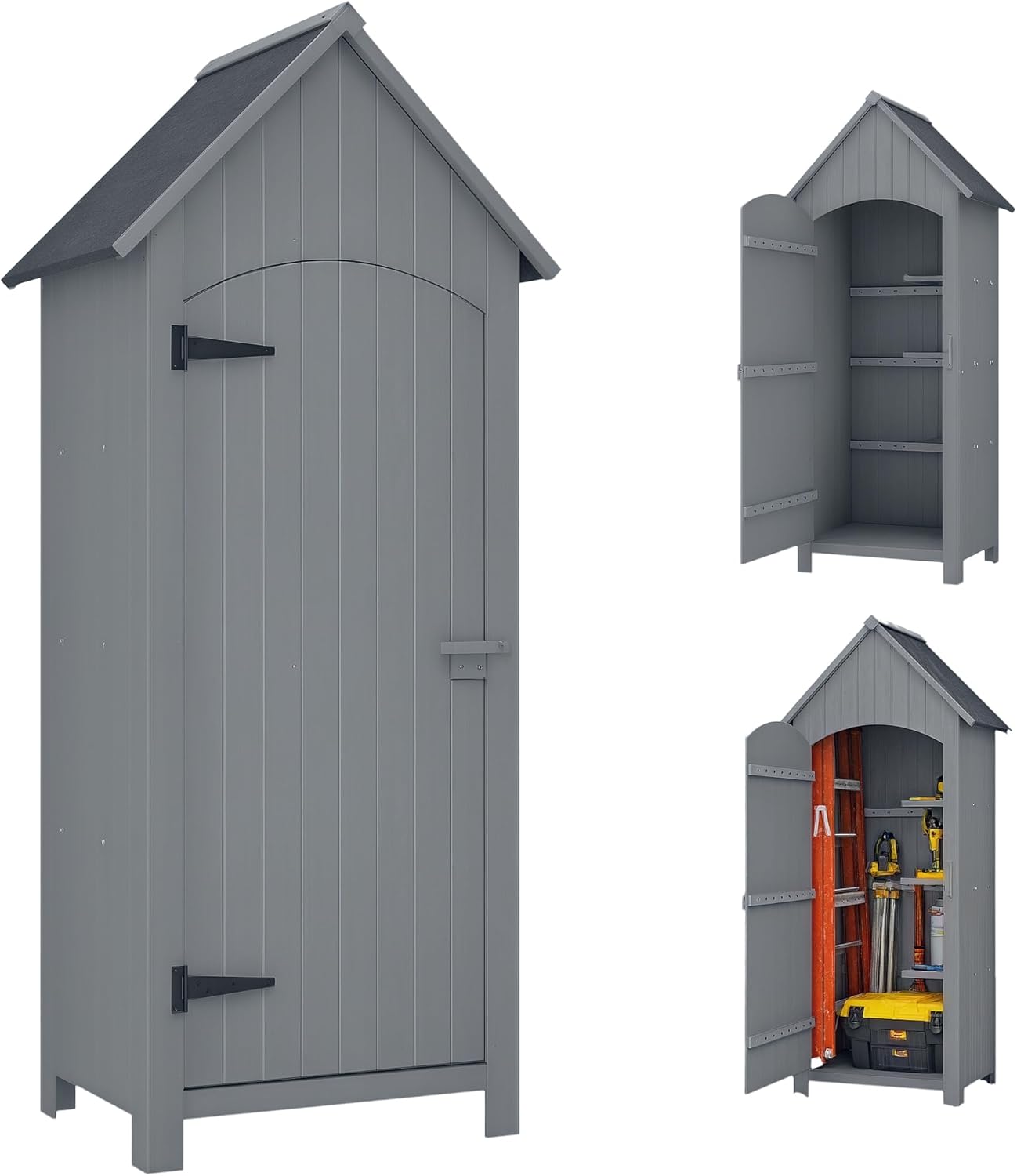 etezen Abri de Jardin en Bois cabane de Jardin Exterieur Armoire de Jardin avec Toit bitumé 3 étagères Porte avec loquet Rangement et Stockage extérieurs pour terrasse 77,5 x 54,2 x 179,5 cm Gris
