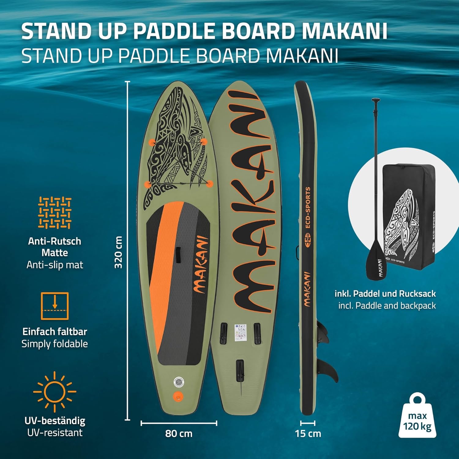 etezen - Stand Up Paddle Série - 305/308/320/380 cm - PVC, 120/150 kg, épaisseur 10/15 cm, sac, pompe