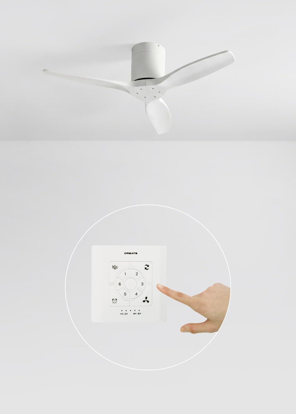 CREATE WINDCALM S Ventilateur de plafond ABS blanc avec contrôleur et télécommande, 40 W, silencieux, Ø112 cm, 6 vitesses, minuteur, fonction été/hiver