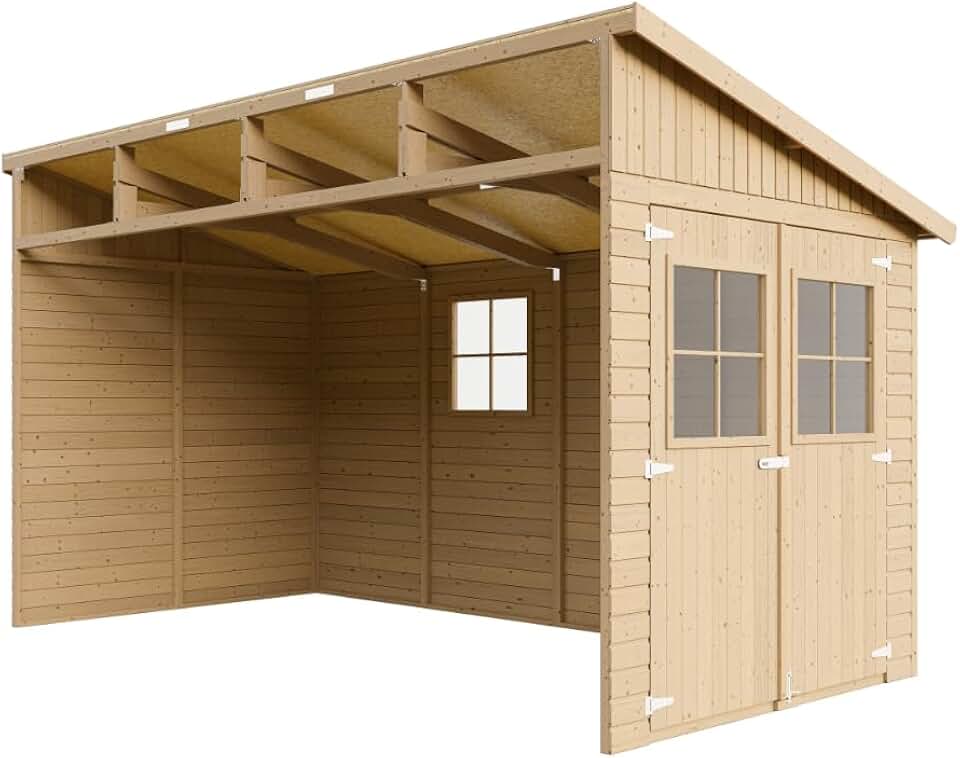 etezen M340 Abri de Jardin en Bois Naturel (sans paroi latérale)- Stockage extérieur avec fenêtres- H243x216x416 cm/8 m2, Hangar en Bois Naturel - Atelier Rangement Outils et vélos The Forest Stewardship Council
