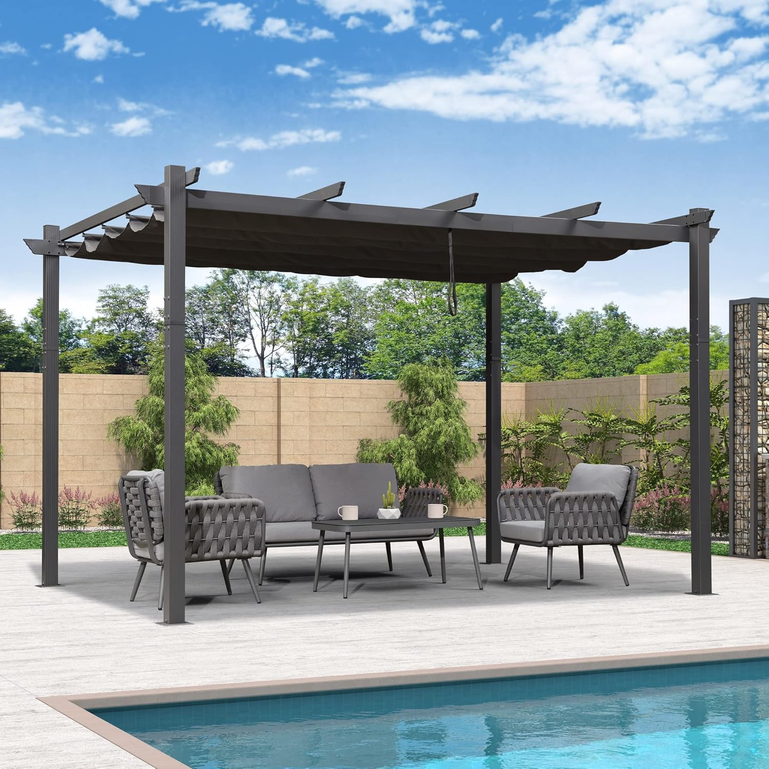 etezen - pergola aluminium - 4 x 3,2 m - toit coulissant, tissu teint, gris