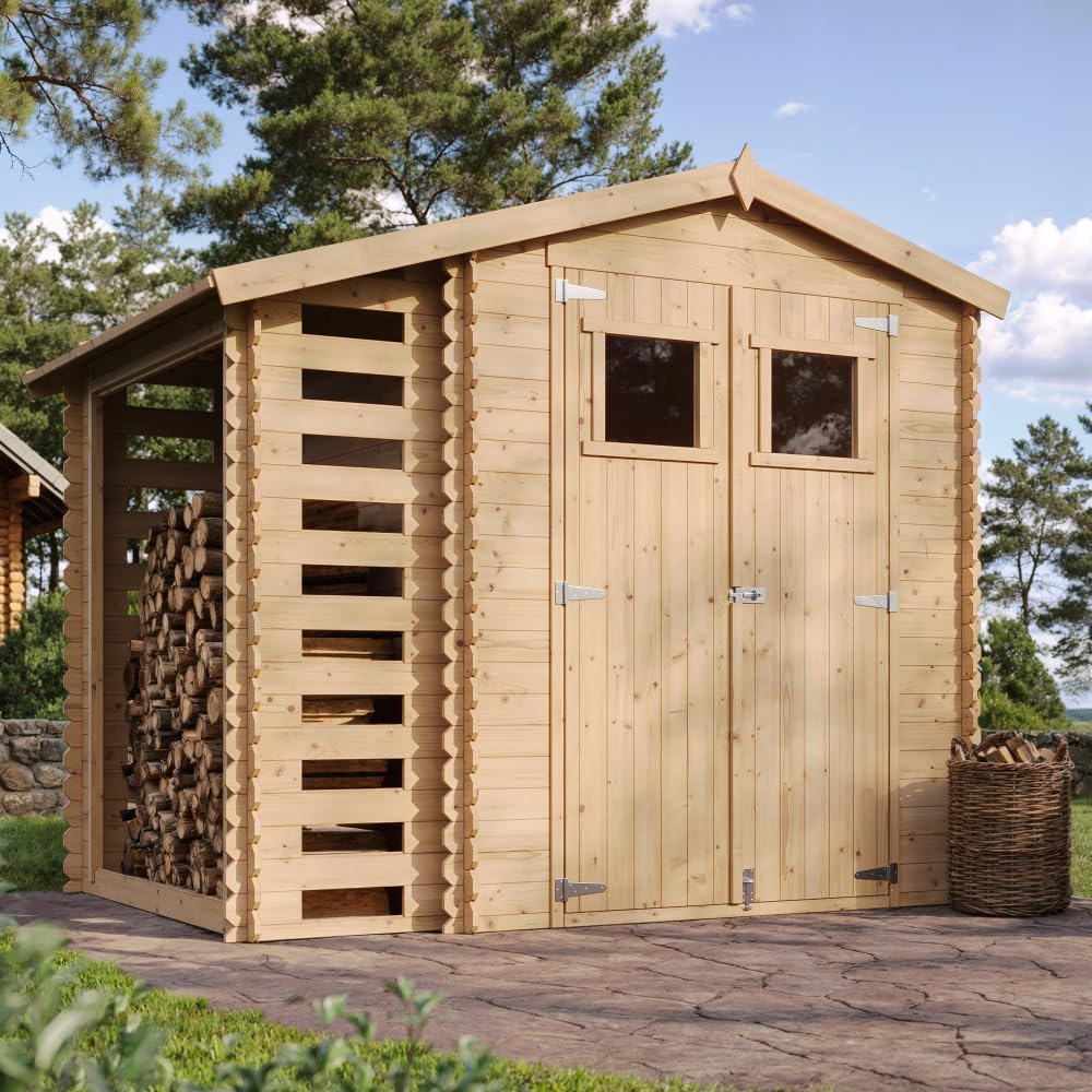 Abri de Jardin en Bois et Range bûches extérieur - Stockage extérieur I206xL272xH218 cm/ 3,53 + 0,97 m2 Petit abri à Outils, Local à vélos - etezen M386
