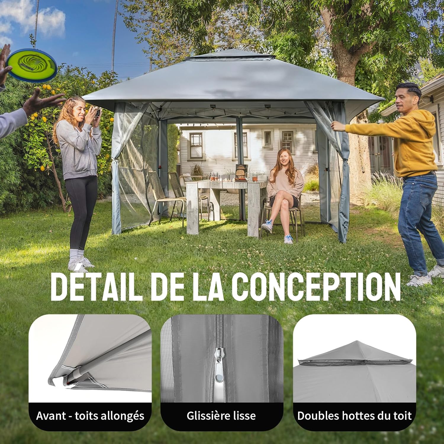 etezen - tonnelle jardin pop up - 4x4 m - double toit, côtés maille, hauteur réglable