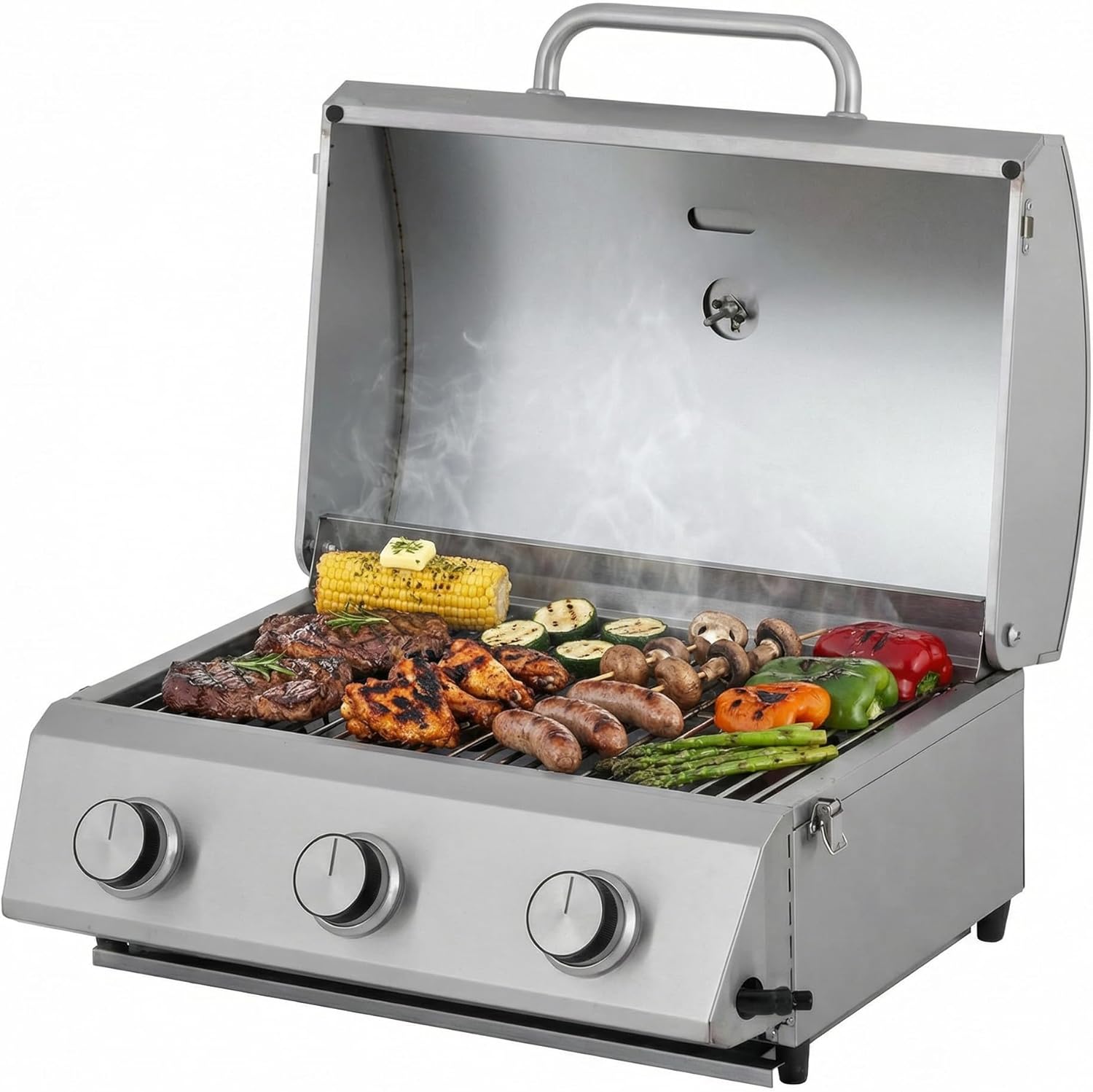 etezen - Barbecue à gaz portable - inox - 3 brûleurs, thermomètre, allumage piézo - CATHAN