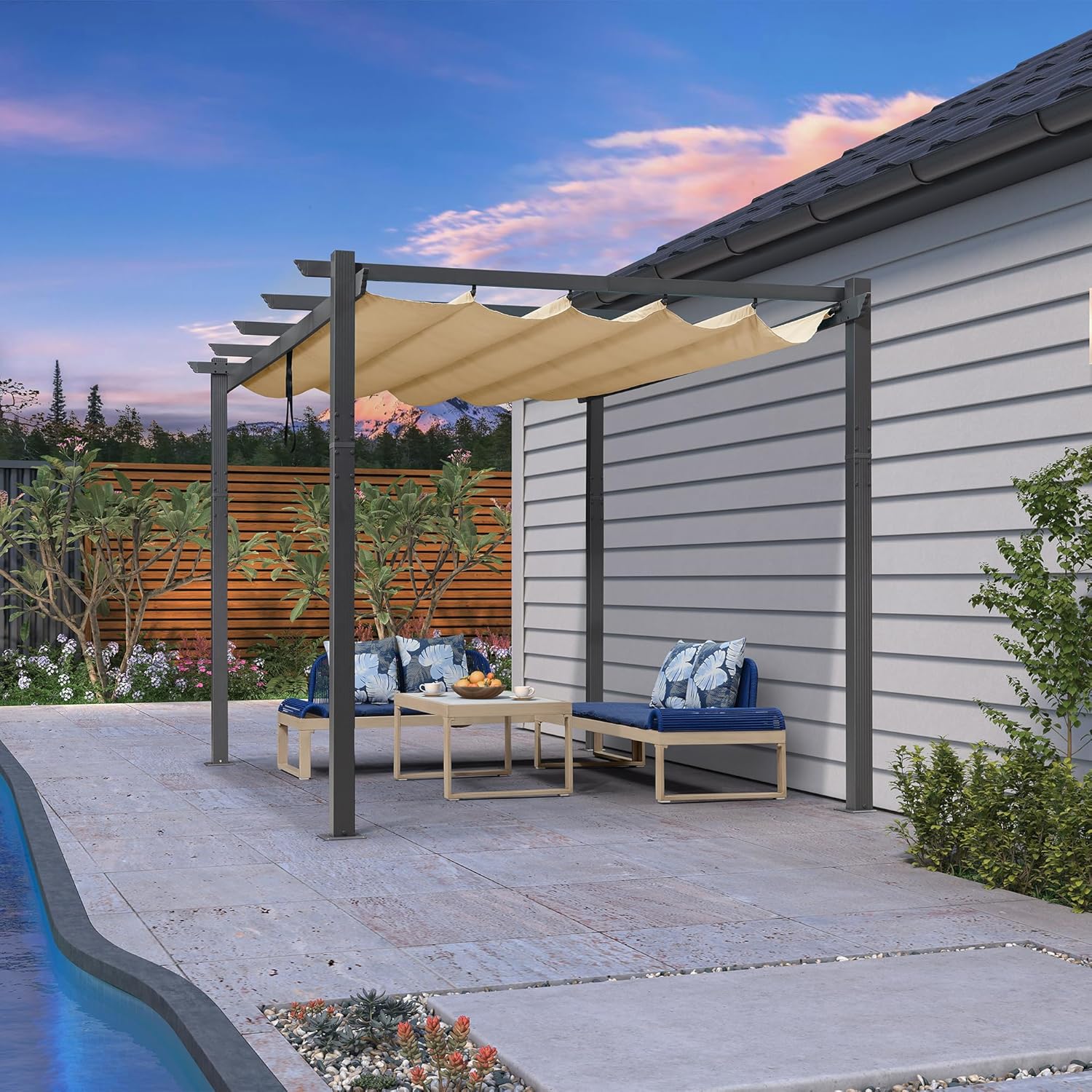 etezen - Pergola murale - 4 x 2,7 m - toit coulissant alu, tissu kaki