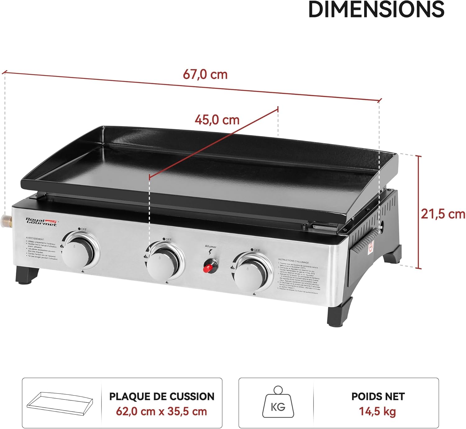etezen - Plancha Gaz 3 brûleurs - 62x35,5 cm - acier émaillé, portable, 7.5kW