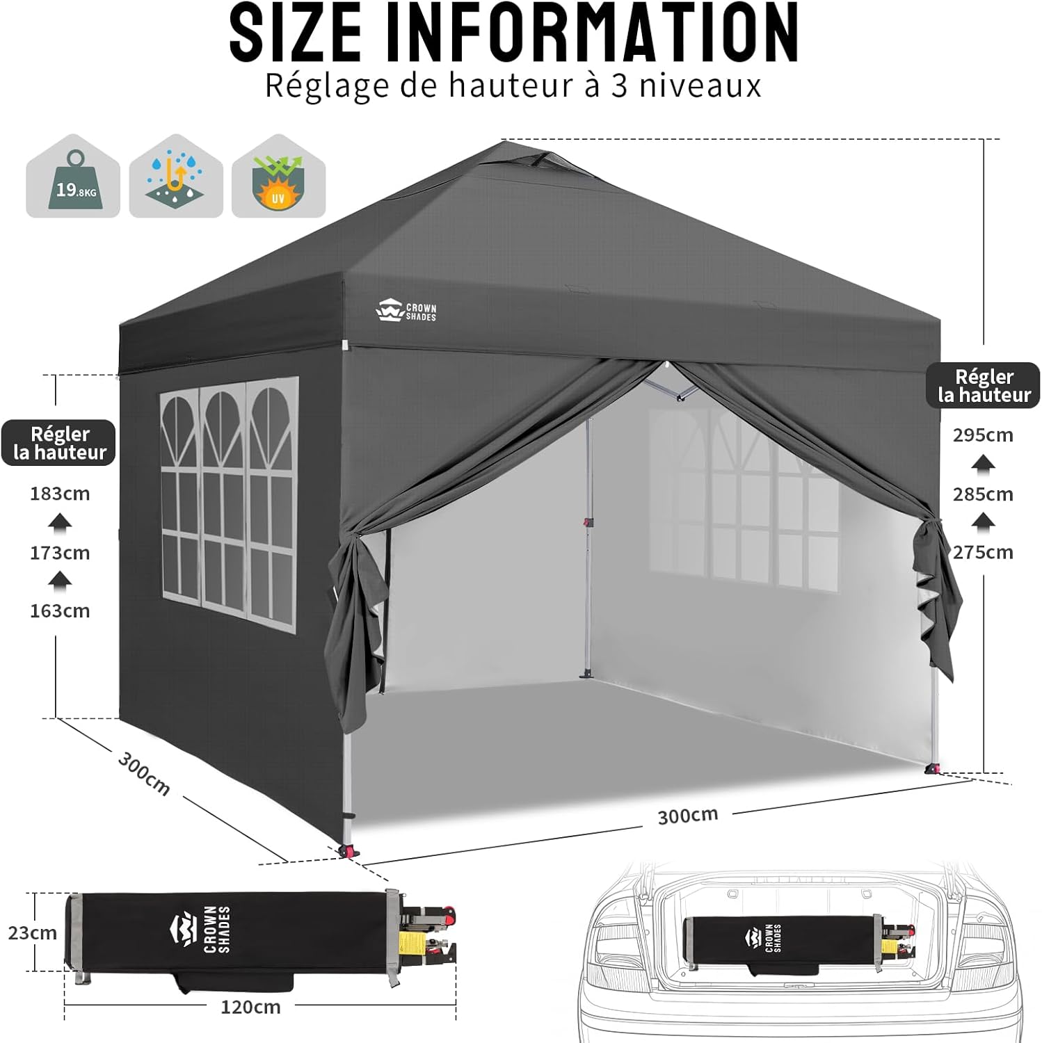 etezen Tonnelle Pliante 3x3 Imperméable, Barnum Pliant de Jardin Exterieur, Pop-Up Gazebo avec Sac de Rangement, UPF 50+, avec 4 Parois Latérales Amovible, 4 Sac de Sable, Gris