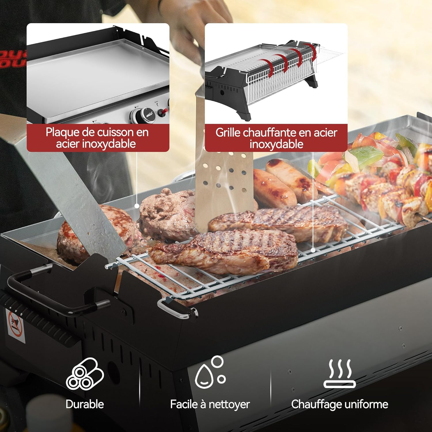 etezen - Plancha gaz inox 3 brûleurs 61,5x32cm, 7,5kW, usage extérieur