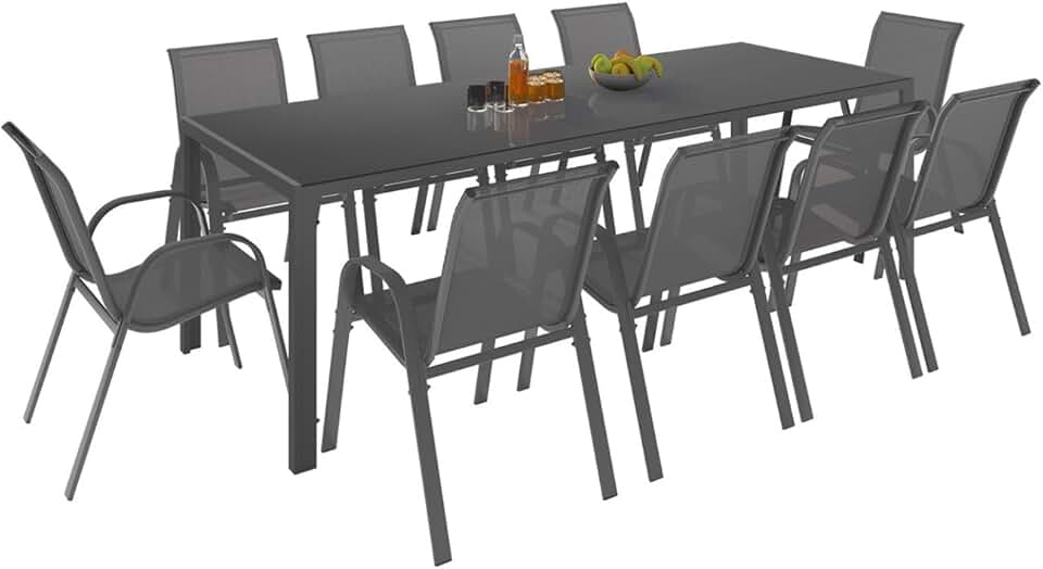 etezen - Madrid série - Table 240cm, 10 chaises empilables, gris anthracite