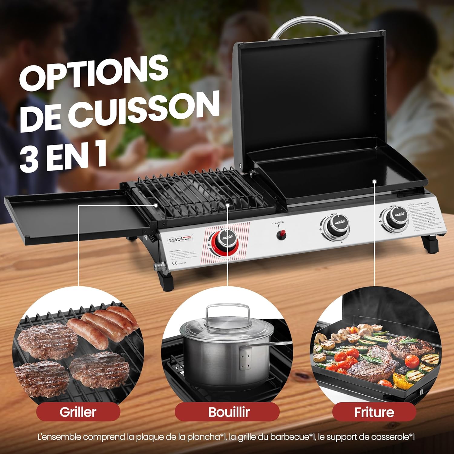 etezen - barbecue gaz 3 brûleurs - 8,5kW - plancha, grille, couvercle multifonction