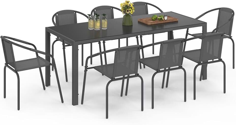etezen - Salon Thelma - table 190 cm + 8 chaises empilables - gris anthracite