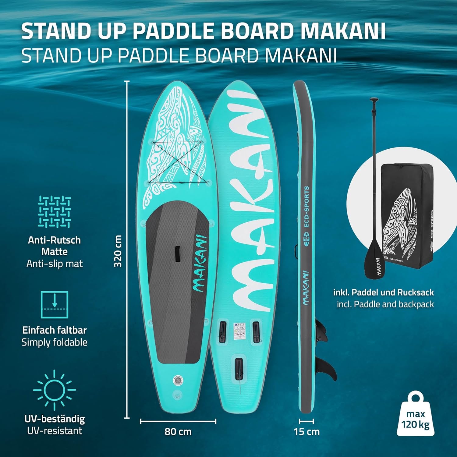 etezen - Stand Up Paddle Board - 305/308/320/380 cm - PVC, jusqu’à 150 kg, 10/15 cm, sac, pompe