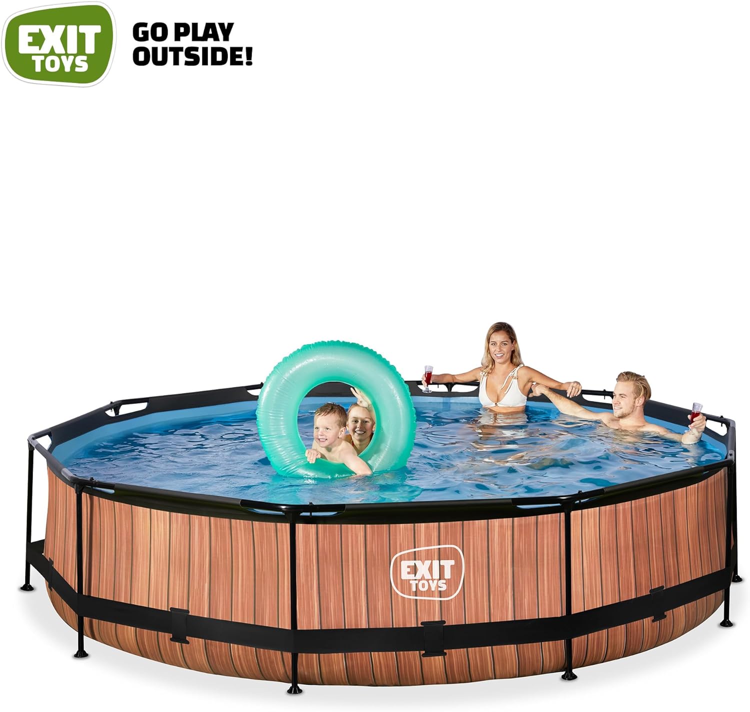 etezen Piscine Tubulaire Wood - ø360x76cm - Piscine Hors Sol Ronde Grande avec Pompe Filtrante à Cartouche - Entrée Basse - Idéal pour Les Jeunes Enfants - Cadre Stable - Design Unique - Marron
