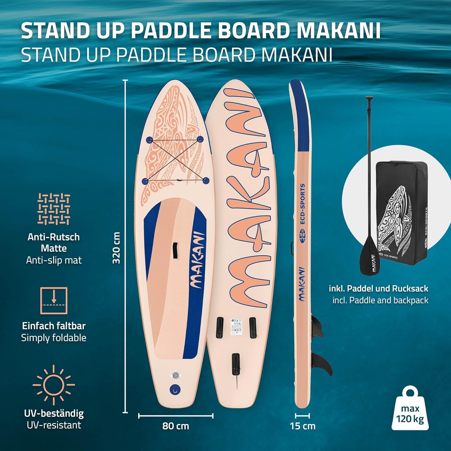 etezen Stand Up Surf Paddle Board Gonflable 305/308/320/380 cm | PVC | jusqu'à 120/150 kg | Épaisseur 10/15 cm | Planche de Surf Pagaie Sac de Transport Pompe à Air | Diverses Couleurs Modèles