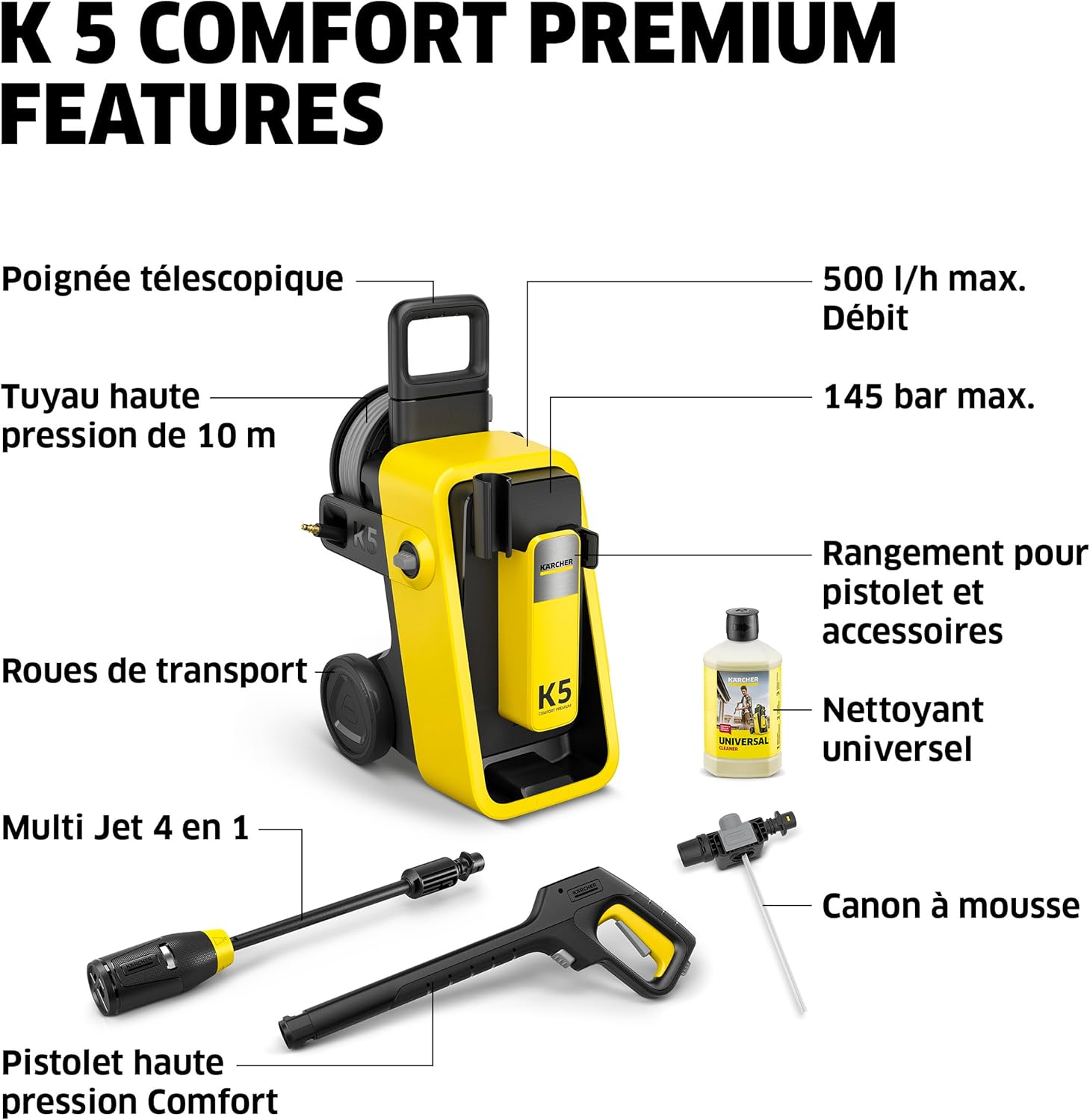 etezen - K 5 Comfort Premium - 145 bar, 500 l/h, 40m²/h, tuyau flexible