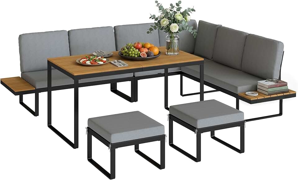 Salon de Jardin etezen - 6-8 pers - Ensemble aluminium, table haute, canapé d'angle, table bois composite, gris - OJ-6