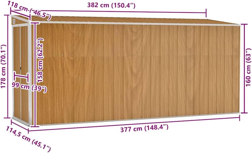 etezen Abri de Jardin Mural Marron 118 x 382 x 178 cm Acier galvanisé,Structures extérieures, Cabanes & abris de Jardin,316232