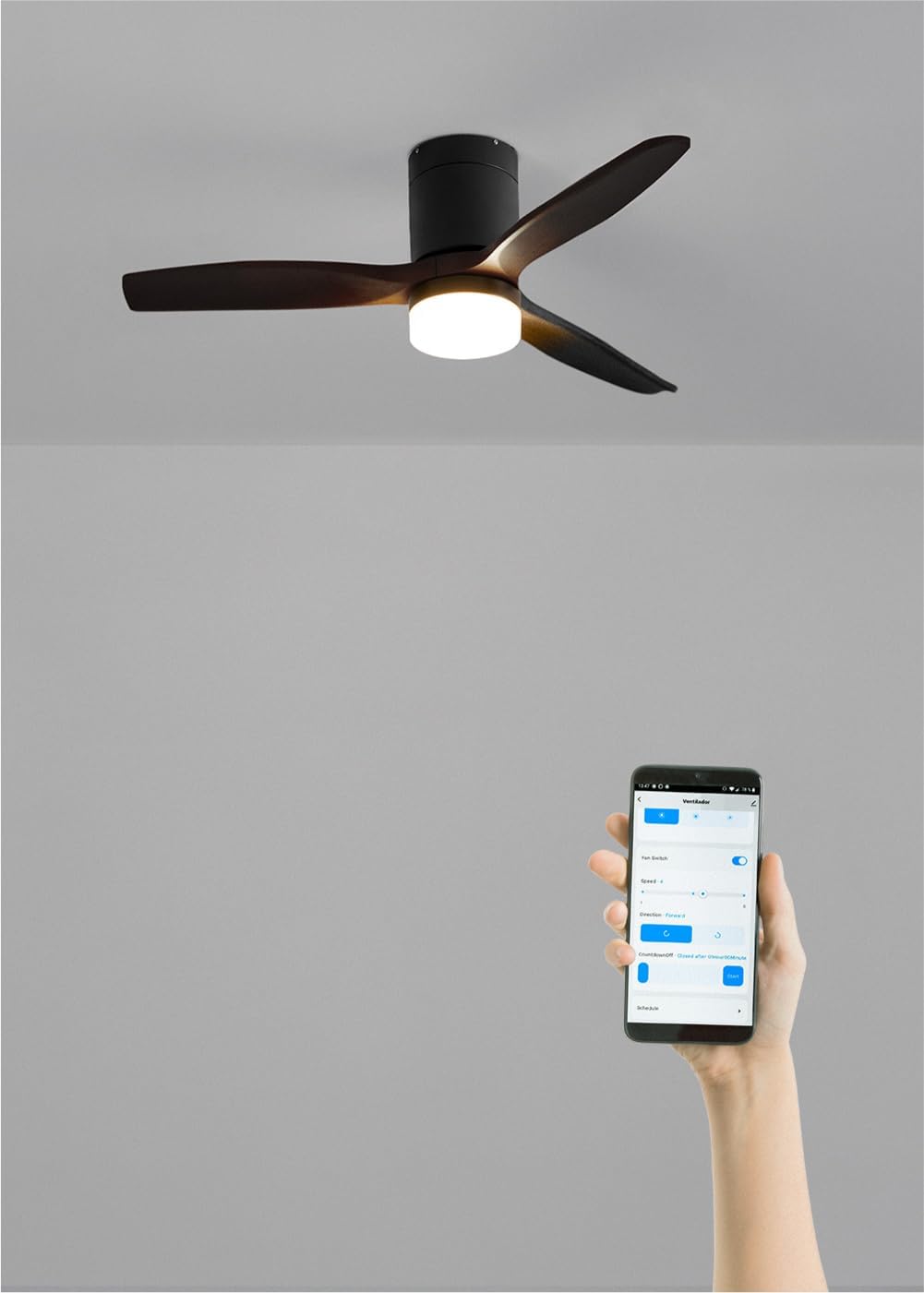 CREATE / WINDCALM S/Ventilateur de plafond ABS avec lumière noir avec Wifi et télécommande / 40W, Silencieux, Ø112 cm, 6 vitesses, 3 températures de lumière, minuterie, fonction été-hiver