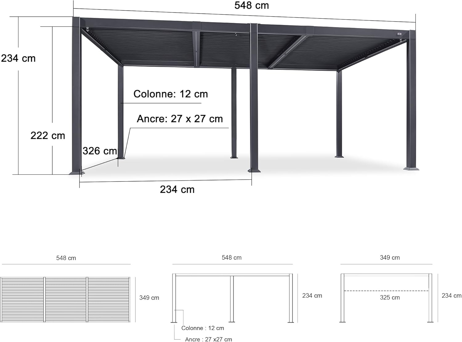 etezen - Pergola bioclimatique - 3,5x5,5m - alu, lames LED, étanche