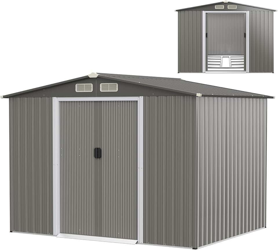 etezen Abri de Jardin 4.7㎡en Acier Galvanisé Anti-UV, 260 x 207 x 181 CM, Cabane de Jardin Exterieur 9.7 m³ avec Fondation et Porte Coulissante, Rampe, 4 Trous d’Aération, 4 Gants Inclus, Gris Foncé