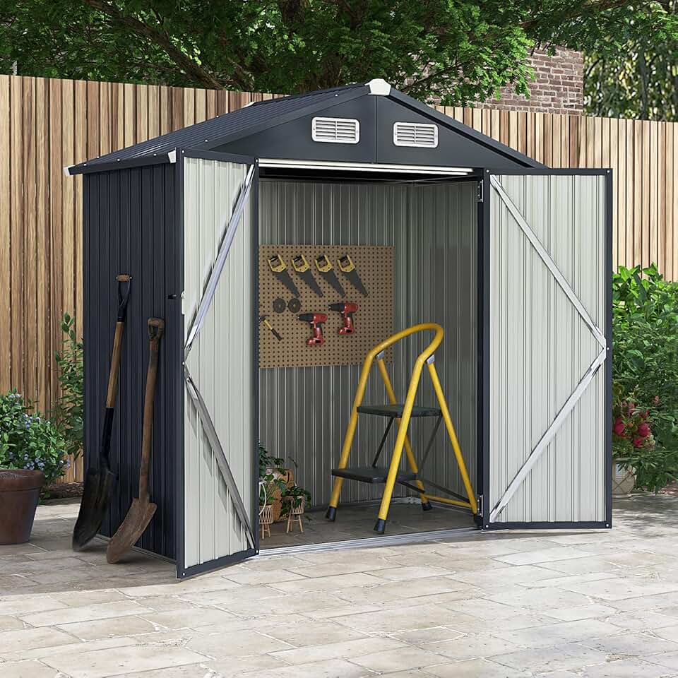 etezen Abri de Jardin Métal Galvanisé 3,4 m³,Double Porte Verrouillable avec Clé, Cabane de Jardin Exterieur, Abri Rangement Exterieur pour Vélo, Poubelle, Outil