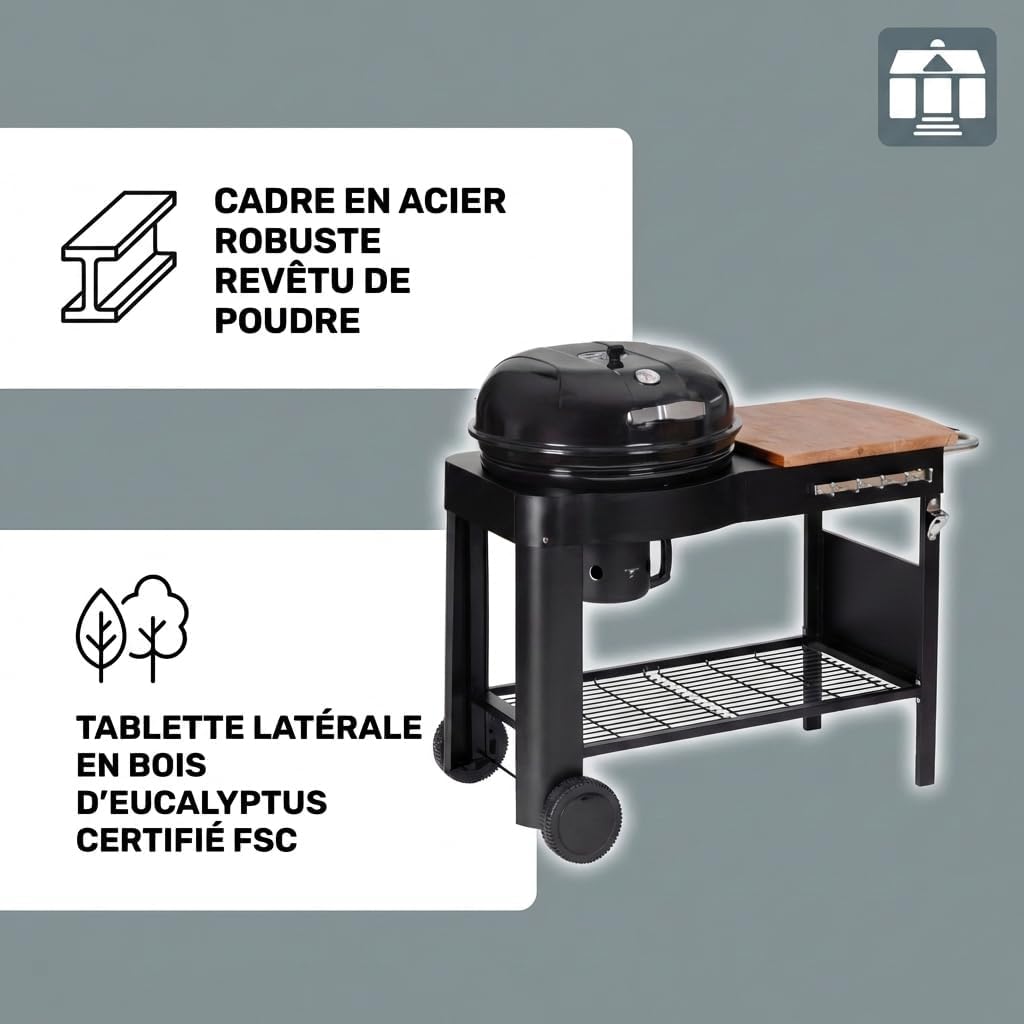 etezen - Barbecue Calgary - acier/bois - couvercle thermomètre, tablettes, 2 roues, noir