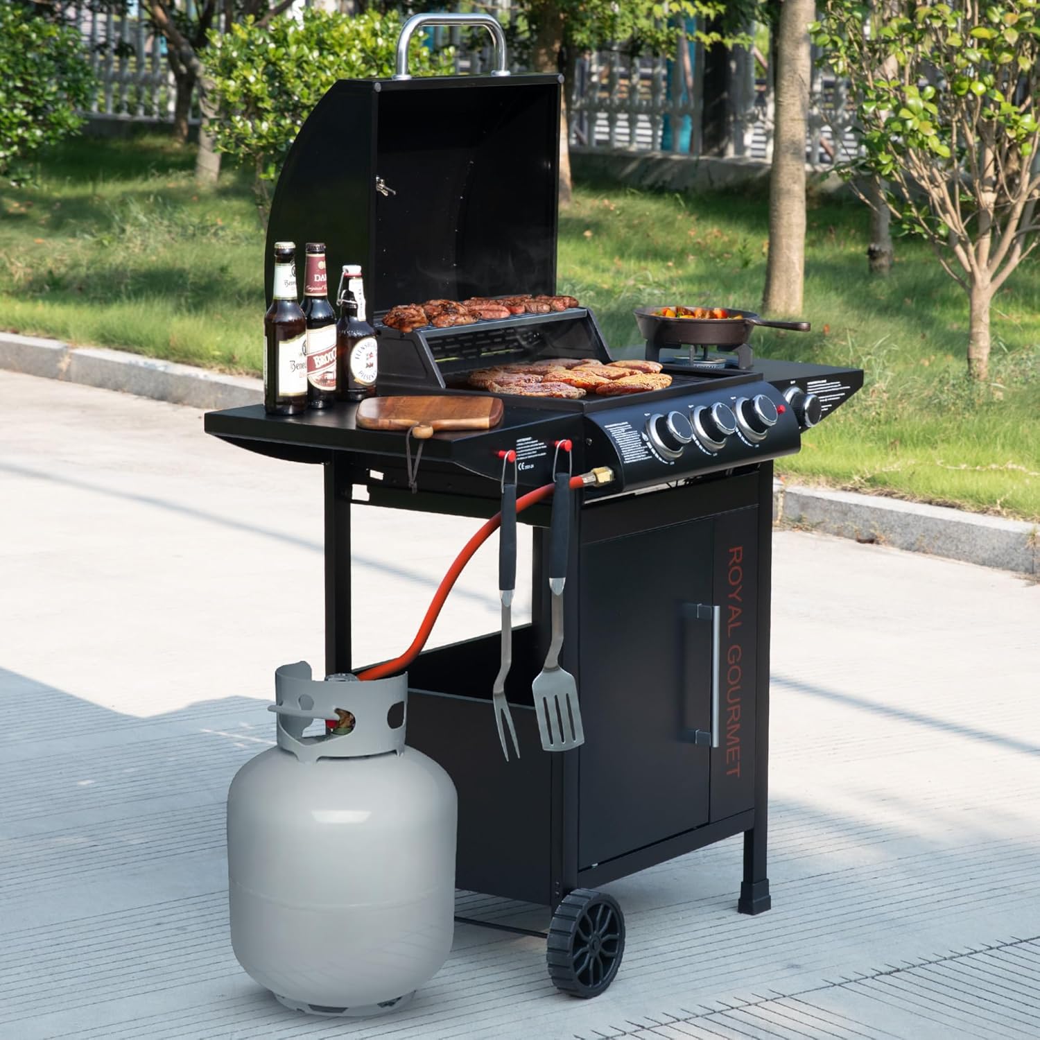 etezen - barbecue gaz 3+1 brûleurs inox - 11,5 kW - chariot, 2 roues, thermomètre