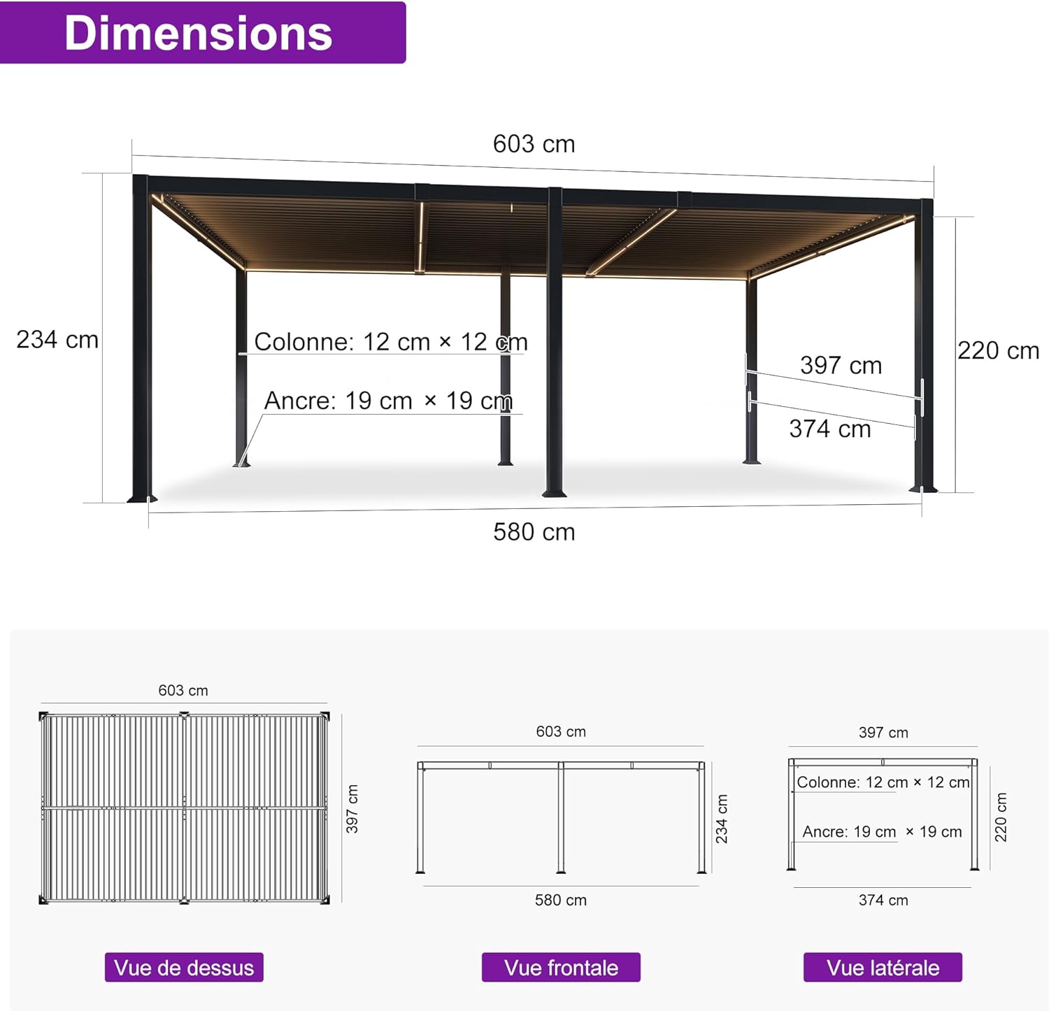 etezen - Pergola bioclimatique - 4x6m - alu lames LED gris