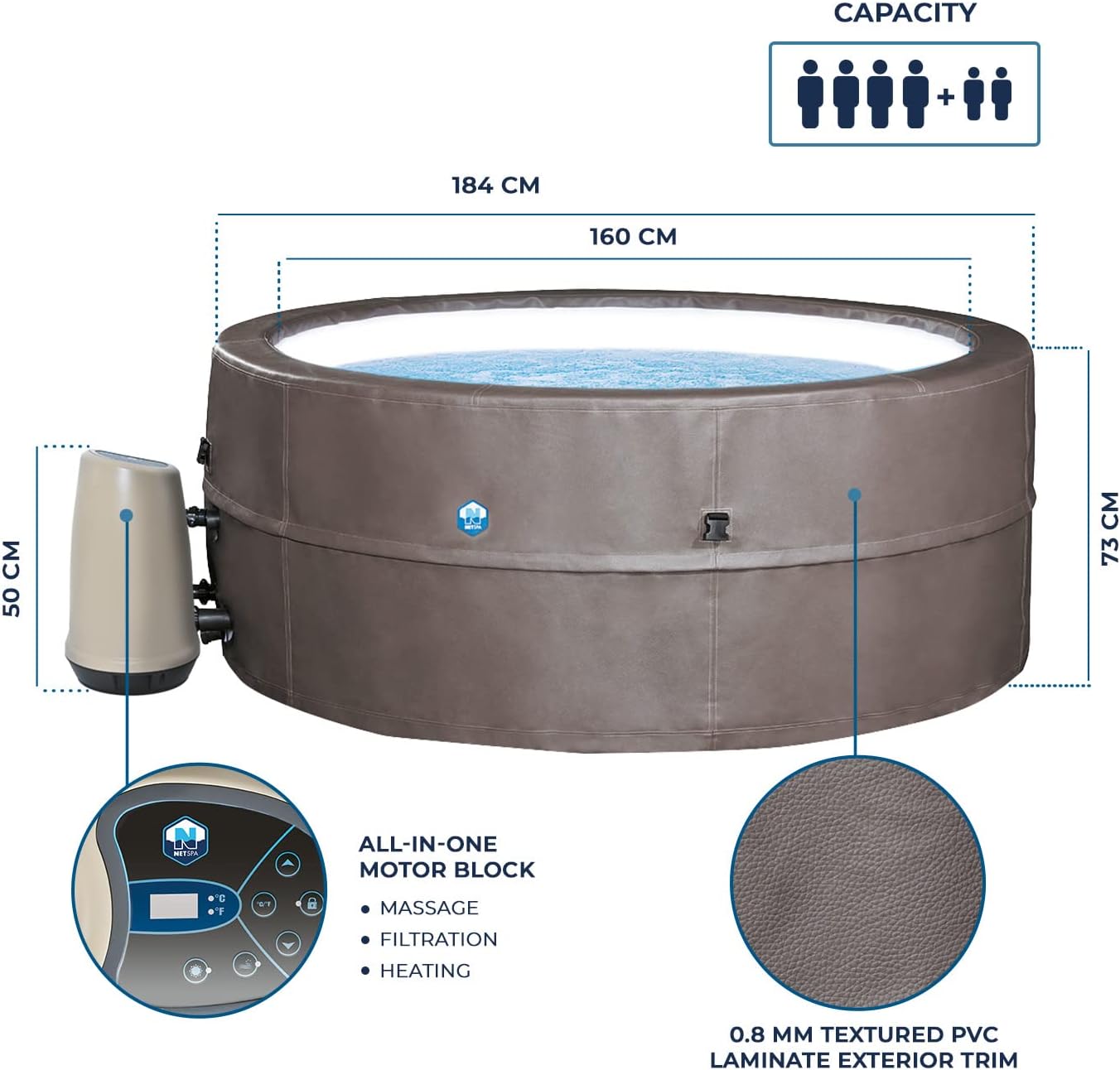 etezen - Spa - Vita Premium - SP-VIP160C - Gonflable - 6 Places (4 Adultes + 2 Enfants) - Bache De Protection - Réchauffeur - 1100 L - Couverture Simili-Cuir Premium