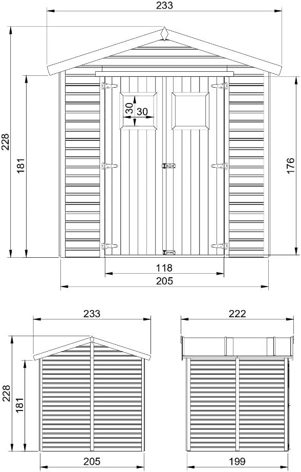 Abri de Jardin en Bois Naturel - Stockage extérieur avec fenêtres H228x222x233 cm/4,2 m² Hangar en Bois Naturel - Atelier Rangement Outils et vélos- etezen M351