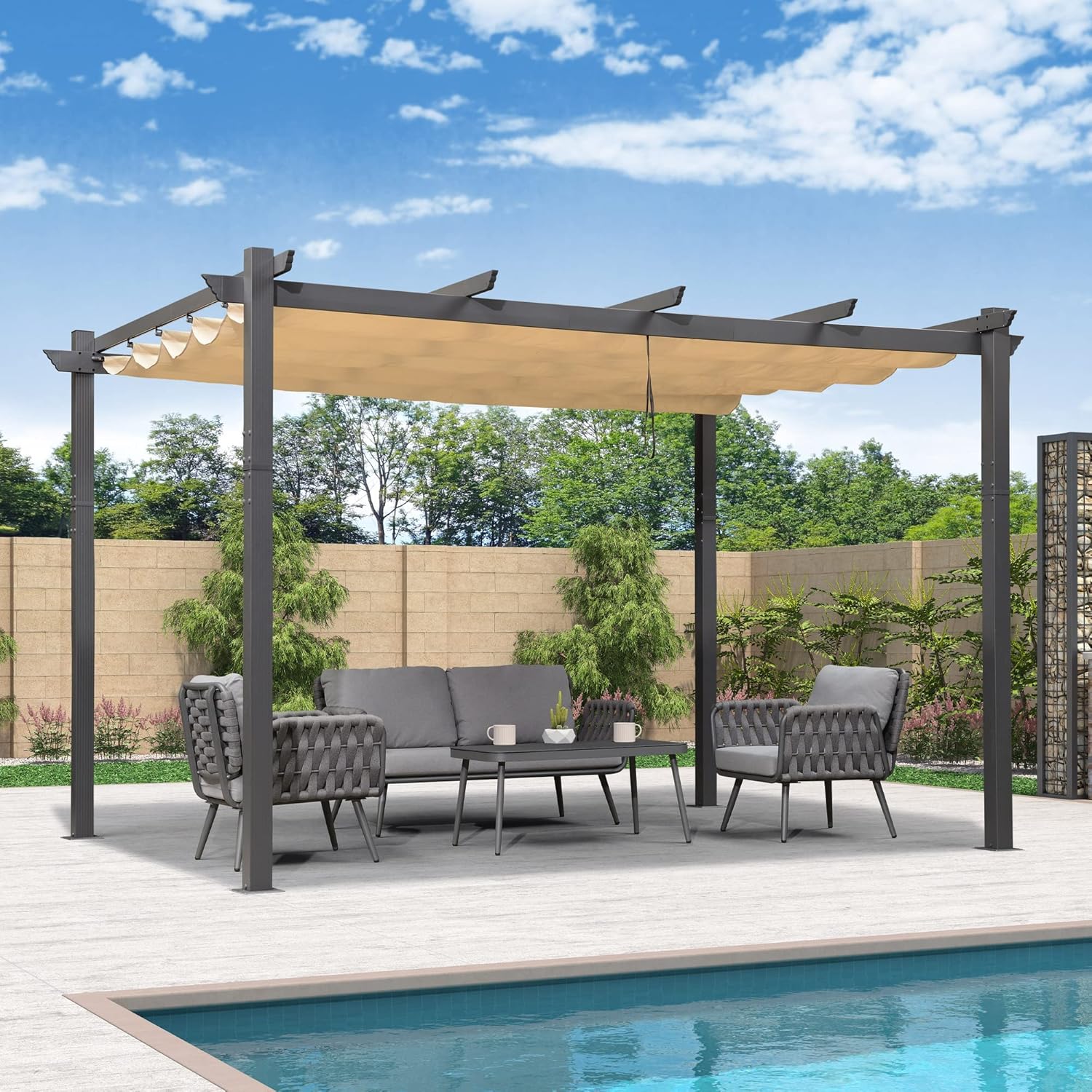 etezen - pergola aluminium série - 4x3,2m - toile teintée, toit coulissant, kaki