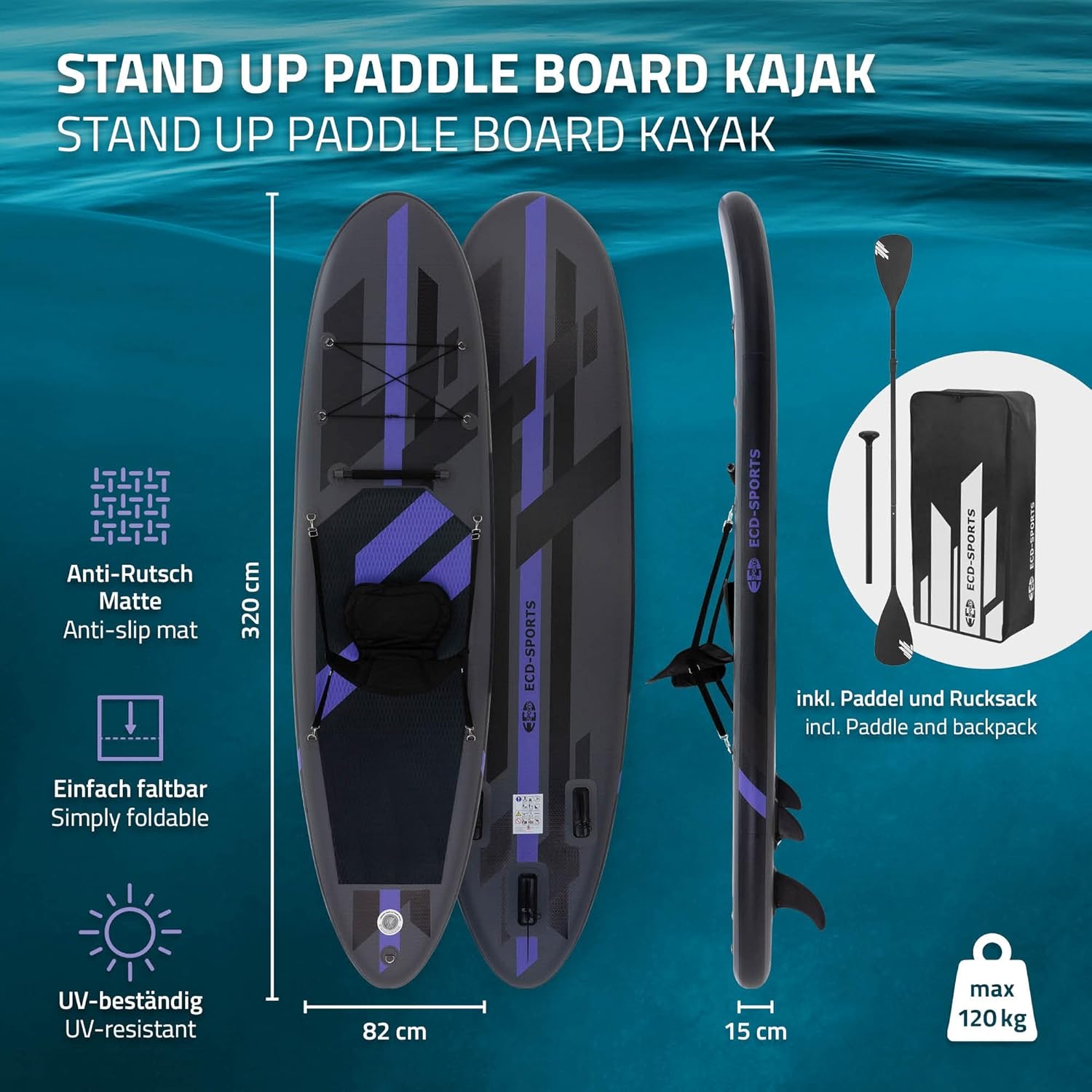 etezen - Stand Up Paddle Gonflable - 305/308/320/380 cm - PVC, 120/150 kg, 10/15 cm