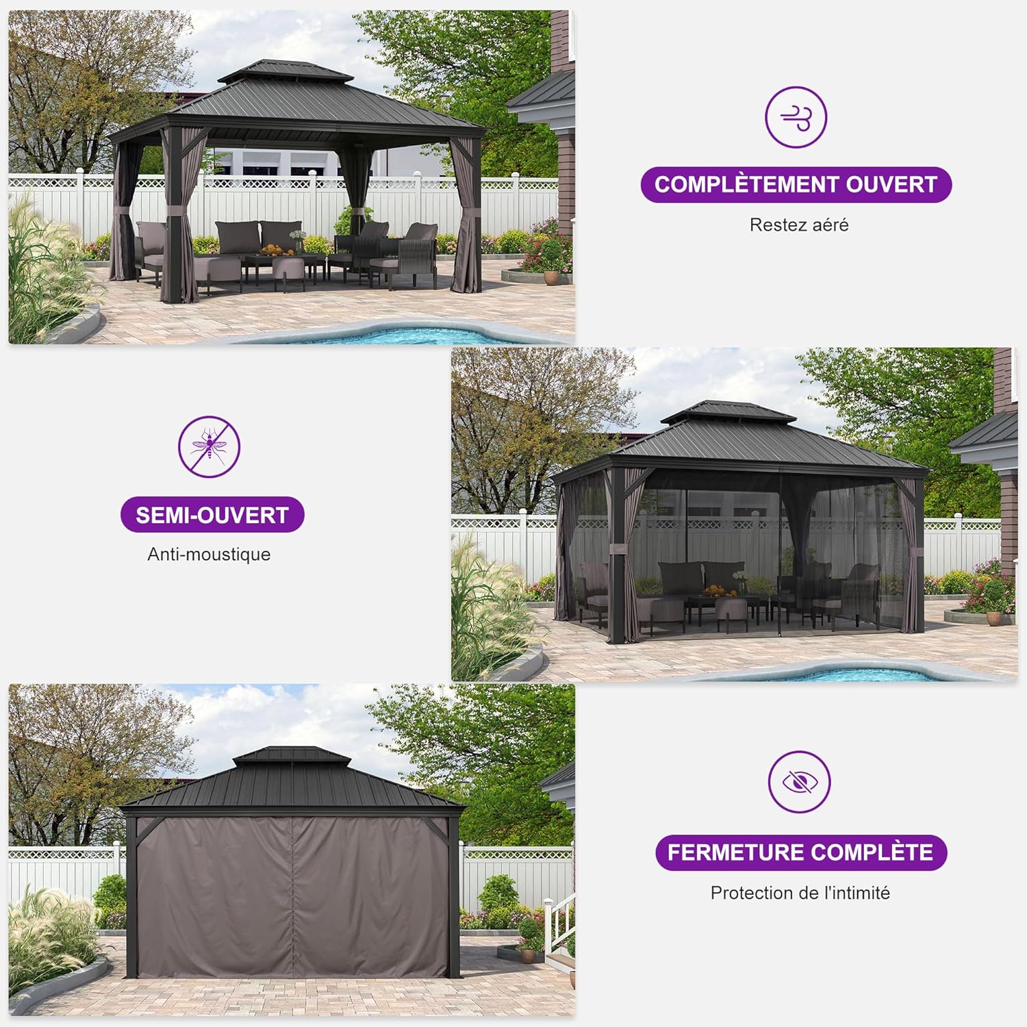 etezen - tonnelle jardin - 4,25x3,65m - toit acier, moustiquaire, rideaux, poteaux renforcés