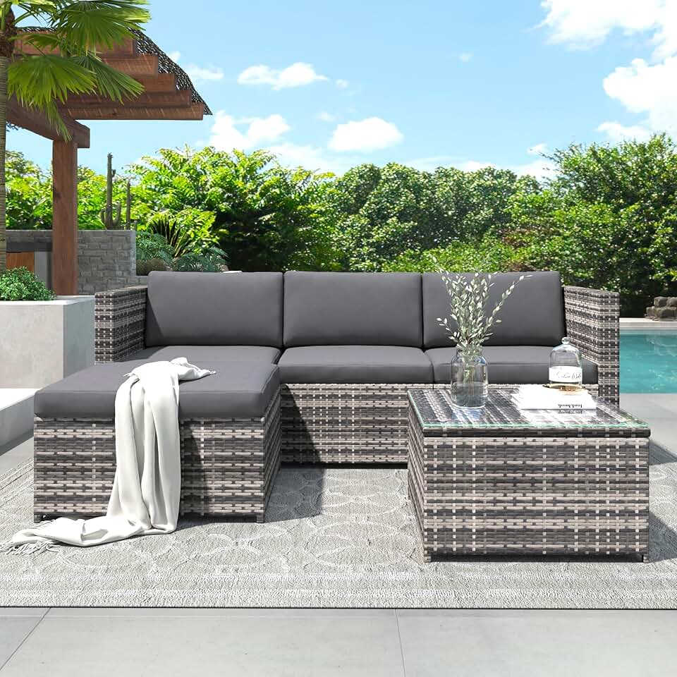 etezen - Salon de jardin 3 places  - rotin, coussins, table verre, gris