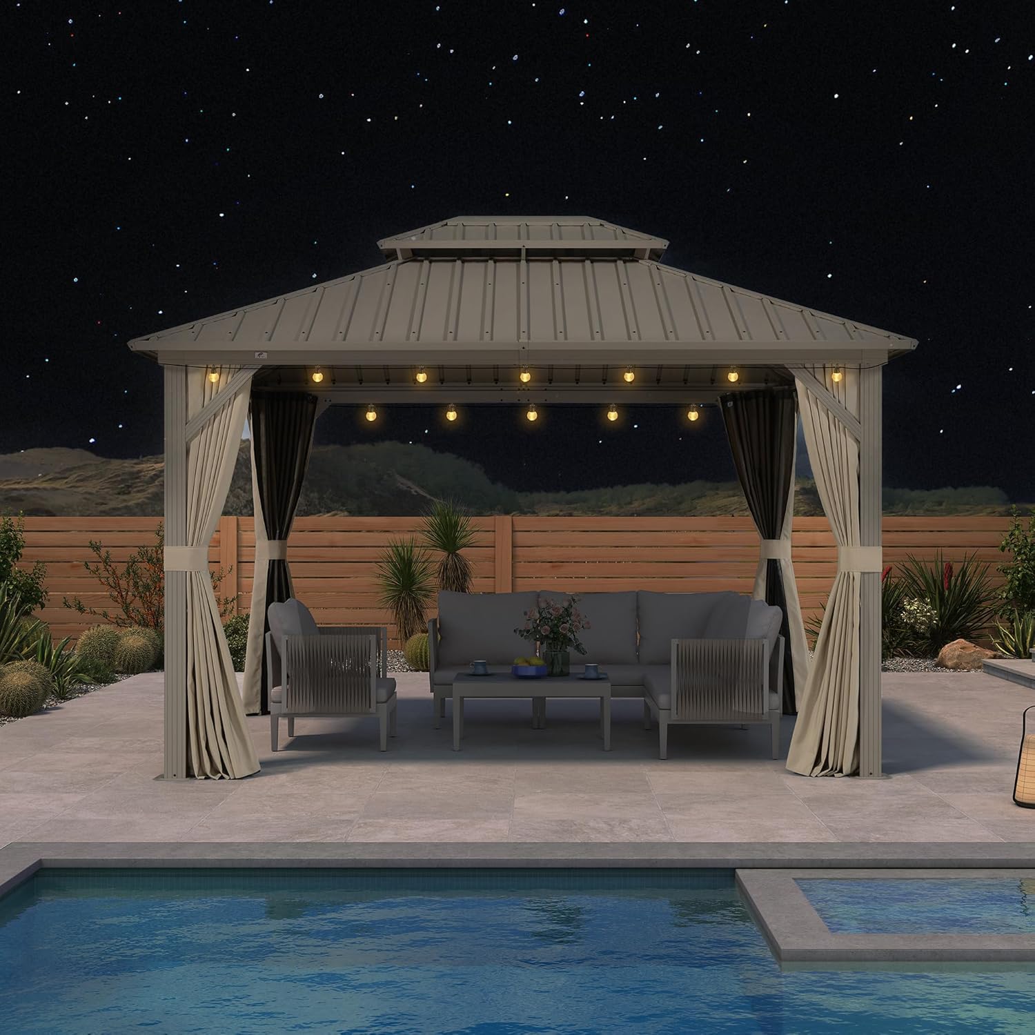 etezen Tonnelle de Jardin Extérieur 3,65 x 3 m avec Éclairage Extérieur, Pergola Aluminium à Toit Rigide en Acier Galvanisé, Pavillon Imperméable pour Camping, Fête, Barbecue, Champagne