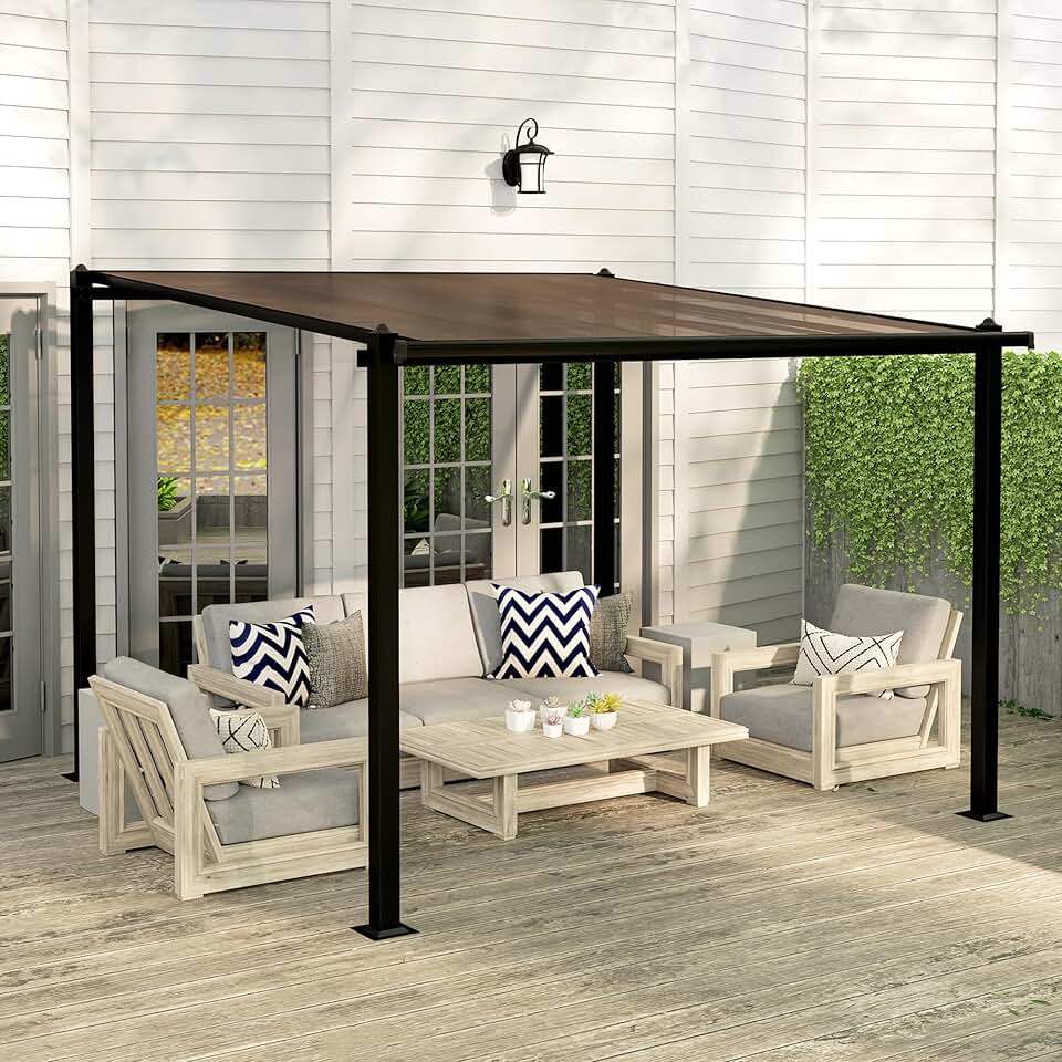 etezen - Pergola adossée aluminium - 3x3m - toit polycarbonate, drainage, UPF30+, gris