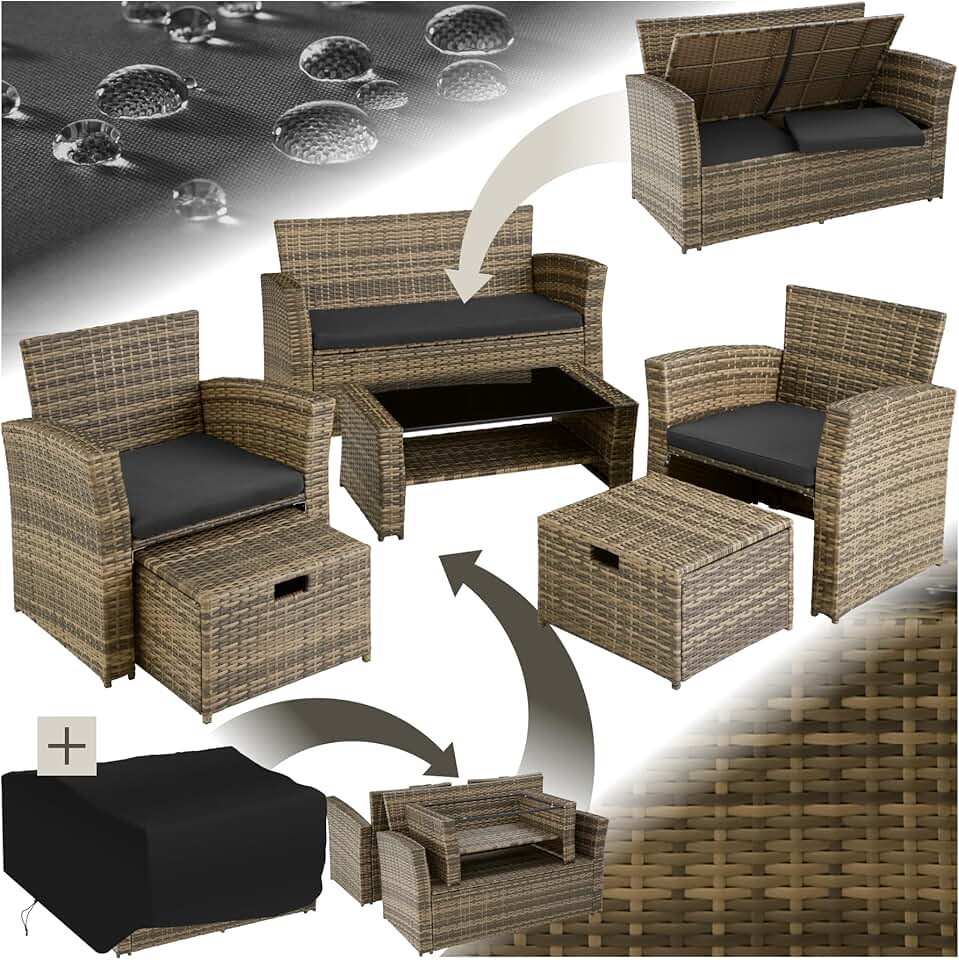 etezen - Ensemble salon de jardin 6 places - poly rotin, coussins épais, table basse, marron naturel
