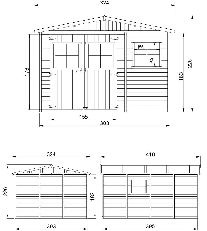 ABRI de Jardin en Bois Exterieur avec Les PLANCHERS IMPRÉGNÉ - en Pin/épicéa- H226x324x416 cm/12 m²- Construction de Panneaux- Rangement pour vélos, Remise à Outils- etezen M336+M336G