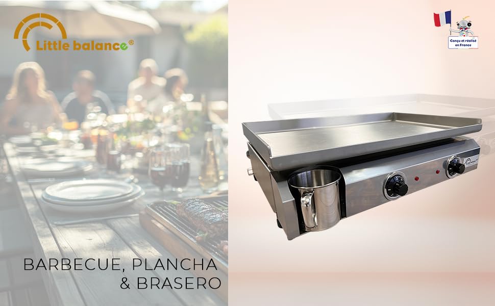 Le texte indique « my balance » et « BARBECUE, PLANCHA & etezen ». Image divisée montrant une scène de repas et une plaque de cuisson à plaque chauffante/plancha en acier inoxydable avec poignées.