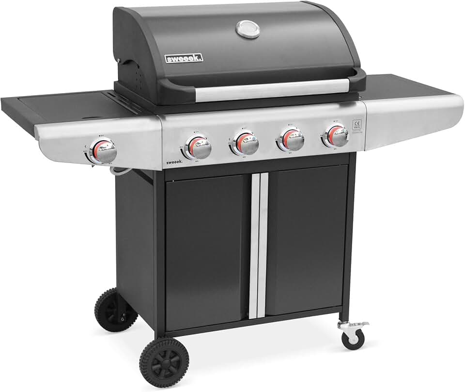 etezen - Bazin Gris anthracite - cuisine 5 brûleurs, rangement, roues, thermomètre