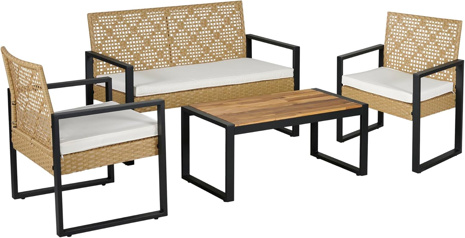 etezen - Salon de jardin 4 pièces, acier/acacia, 2 chaises + banc, beige/naturel
