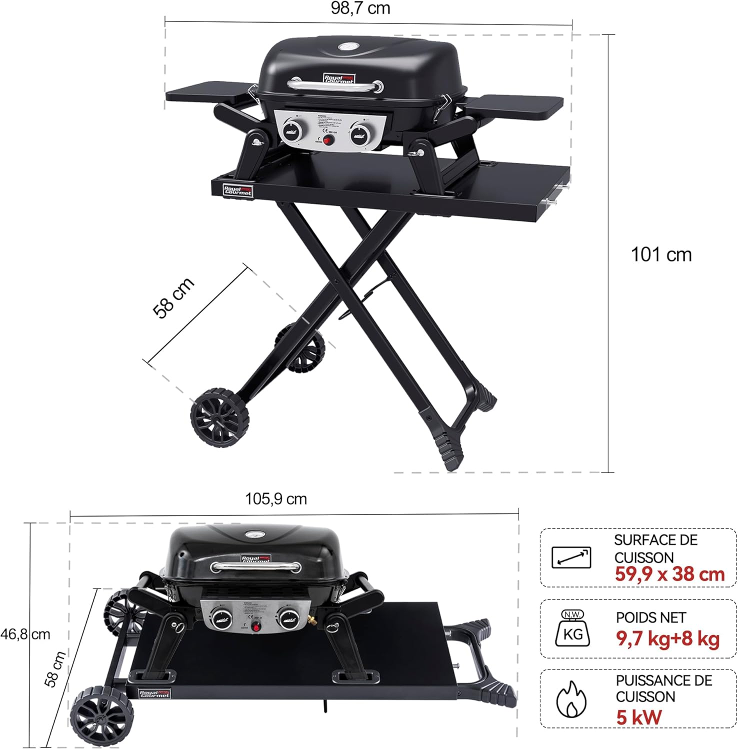 etezen - barbecue gaz portable - 48x37 cm - 2 brûleurs, tables pliantes, chariot détachable, 5kW