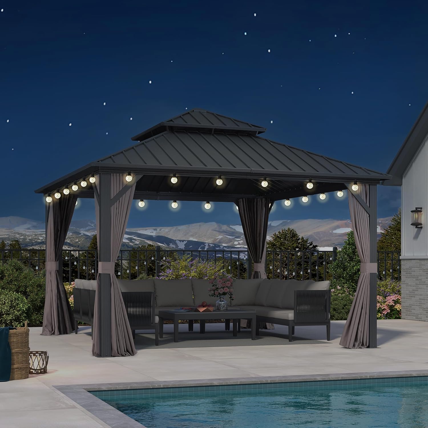etezen Tonnelle de Jardin Extérieur 3,65 x 3,65 m avec Guirlande Lumineuse, Pavillon Aluminium à Double Toit en Acier Galvanisé, Pergola Jardin Extérieur avec Rideaux pour Fête, Barbecue, Gris