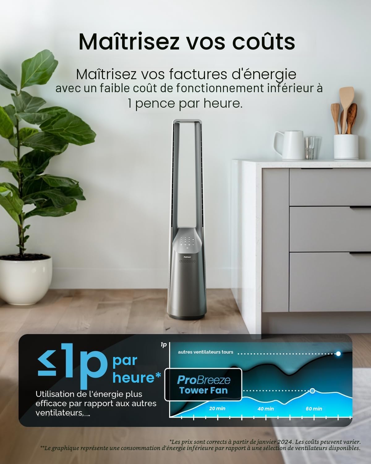 etezen - Ventilateur tour 101 cm, 6 vitesses, oscillant, silencieux