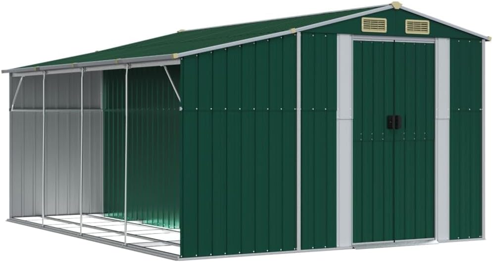 Abri de jardin acier galvanisé 277x365,5x179cm, vert, support bois, 4 aérations