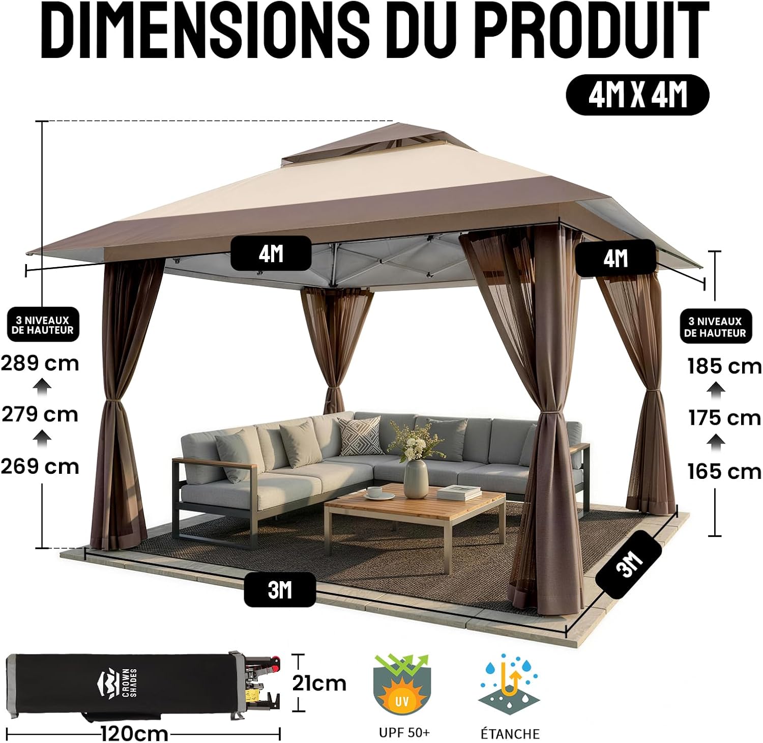 etezen Tonnelle de Jardin 4 x 4 m, Pop Up Gezebo Exterieur Imperméable, Abri de Jardin Réglable en Hauteur, Double Toit avec Côtés en Maille Zippée, Sac de Transport, Beige